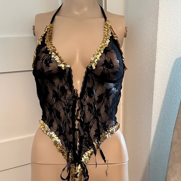 Frederick's of Hollywood Black and Gold Sequin Teddy - Picture 8 of 11